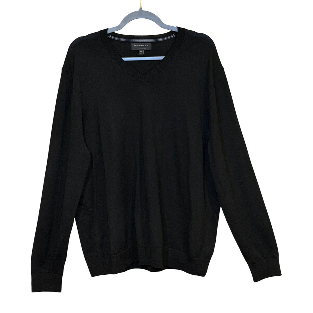 Banana Republic Mens Black 100% Merino Wool V Neck Long Sleeve‎ Sweater XL